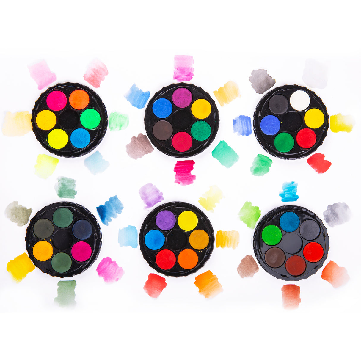 Set of six small round color swatch samples on a white background