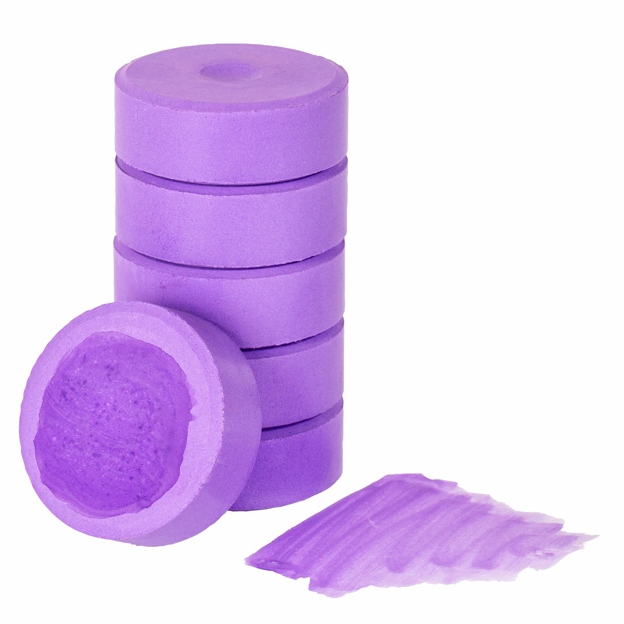 Poster Colours Paint Refills by Zart in Violet. Six round disc-shaped paint refills stacked in a tower, with one disc leaning against the front showing the textured paint surface. A small paint swatch in soft violet sits beside the stack. Against a white background.