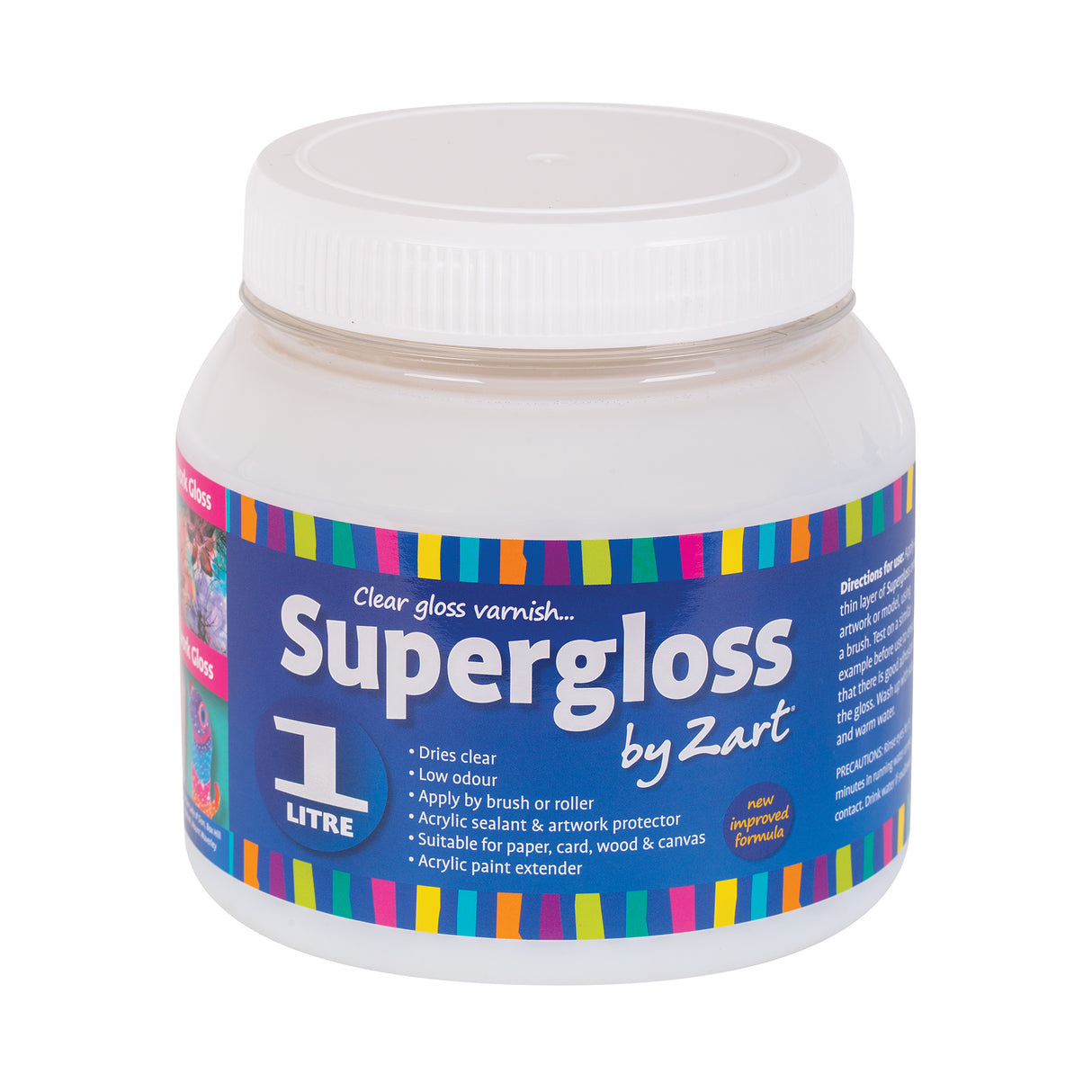Supergloss by Zart clear gloss varnish in a 1 litre translucent plastic jar with white screw-top lid. Bold blue label with multicoloured stripe border and colourful artwork imagery. Labelled as an acrylic sealant, artwork protector, and paint extender. New improved formula.