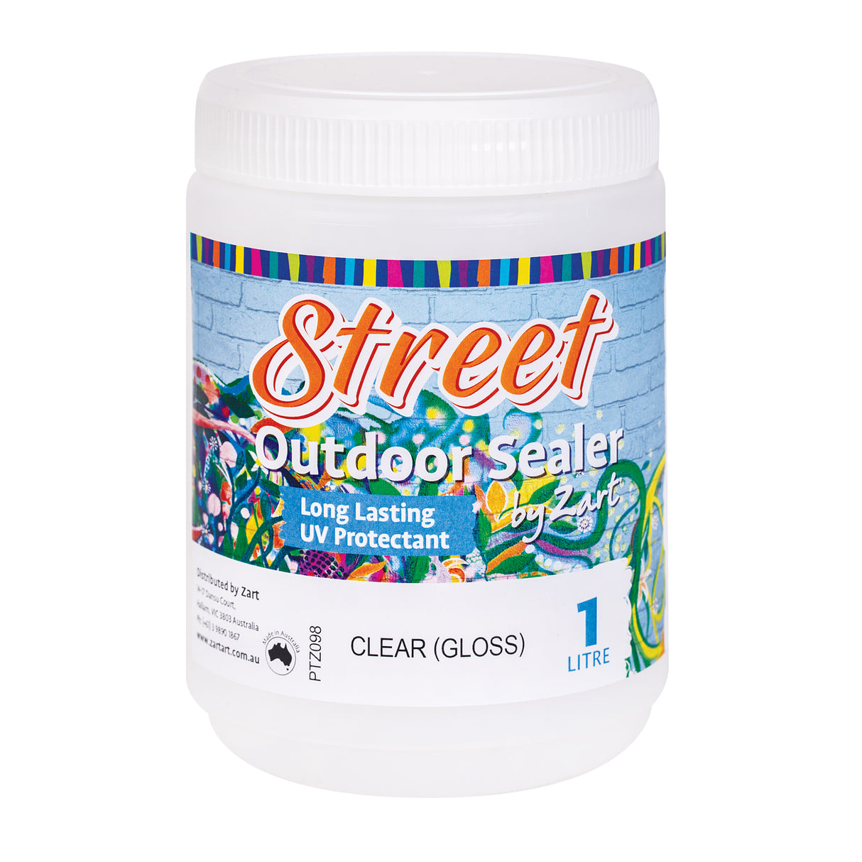 Street Outdoor Sealer by Zart in a translucent white plastic jar with a snap-on lid. The label features bold script typography and vivid street-art imagery against a brick wall background. Clear gloss finish, long lasting UV protectant. 1 litre.