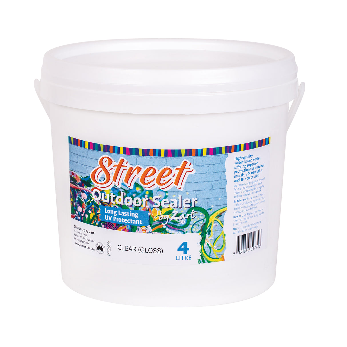 Street Outdoor Sealer by Zart in a large translucent white plastic bucket with a carry handle. The label features bold script typography and vivid street-art imagery against a brick wall background. Clear gloss finish, long lasting UV protectant. 4 litres.