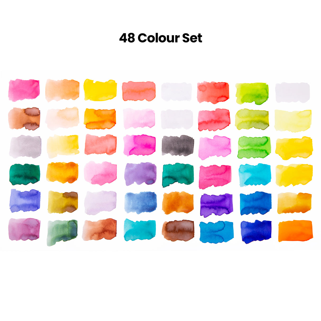Grid of painted swatches labelled “48 Colour Set” at the top. Rectangular colour samples span a broad spectrum from pale pastels to vivid saturated hues, including yellows, greens, blues, reds, pinks, browns, and greys, with soft edges, layered washes, and visible watercolour texture