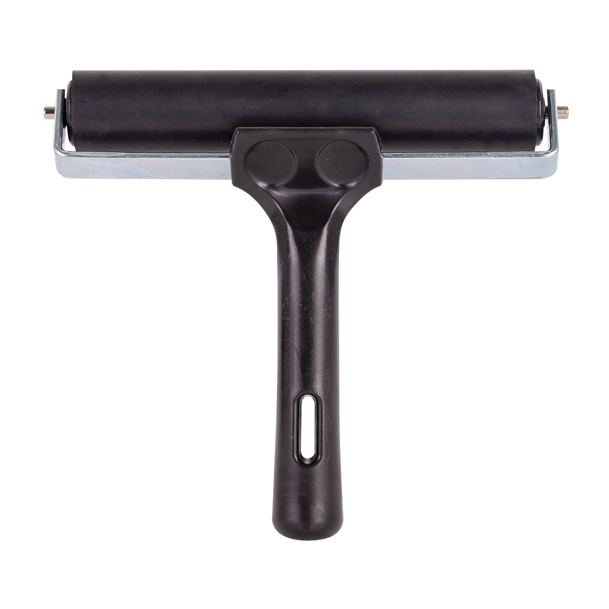 Close-up of a hard rubber roller with a wider black cylindrical surface held in a metal frame, set against a light grey background. The black handle has a smooth finish with a vertical hanging hole, emphasising durability and clean, minimal form.