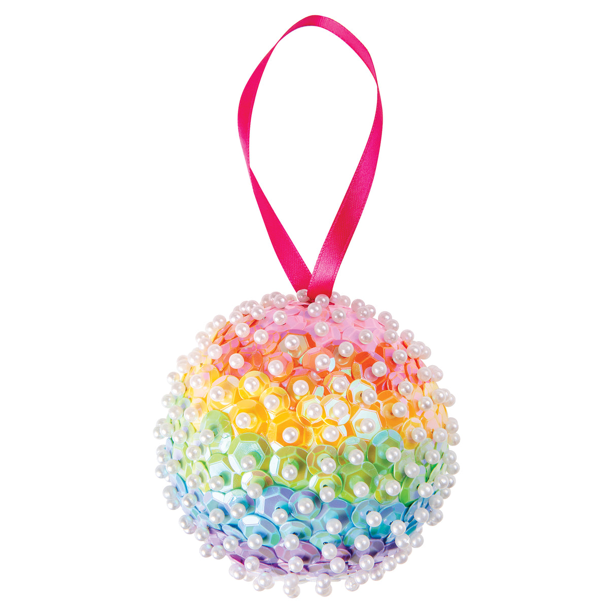 A round bauble entirely covered in Zart Embossed Sequins in pastel iridescent tones, blending pink, orange, yellow, green, blue and lilac in horizontal bands, with white pearl beads pinned throughout each sequin. Hung from a bright pink satin ribbon loop against a plain white background.