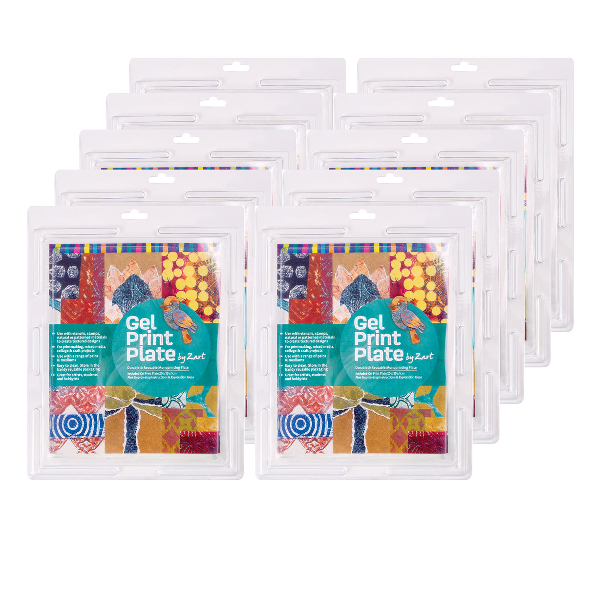 Ten Gel Print Plate by Zart kits stacked and slightly fanned on a white background. Each kit is packaged in clear plastic with a colourful collage-style cover showing sample prints and product branding, indicating a multi-pack or class set.