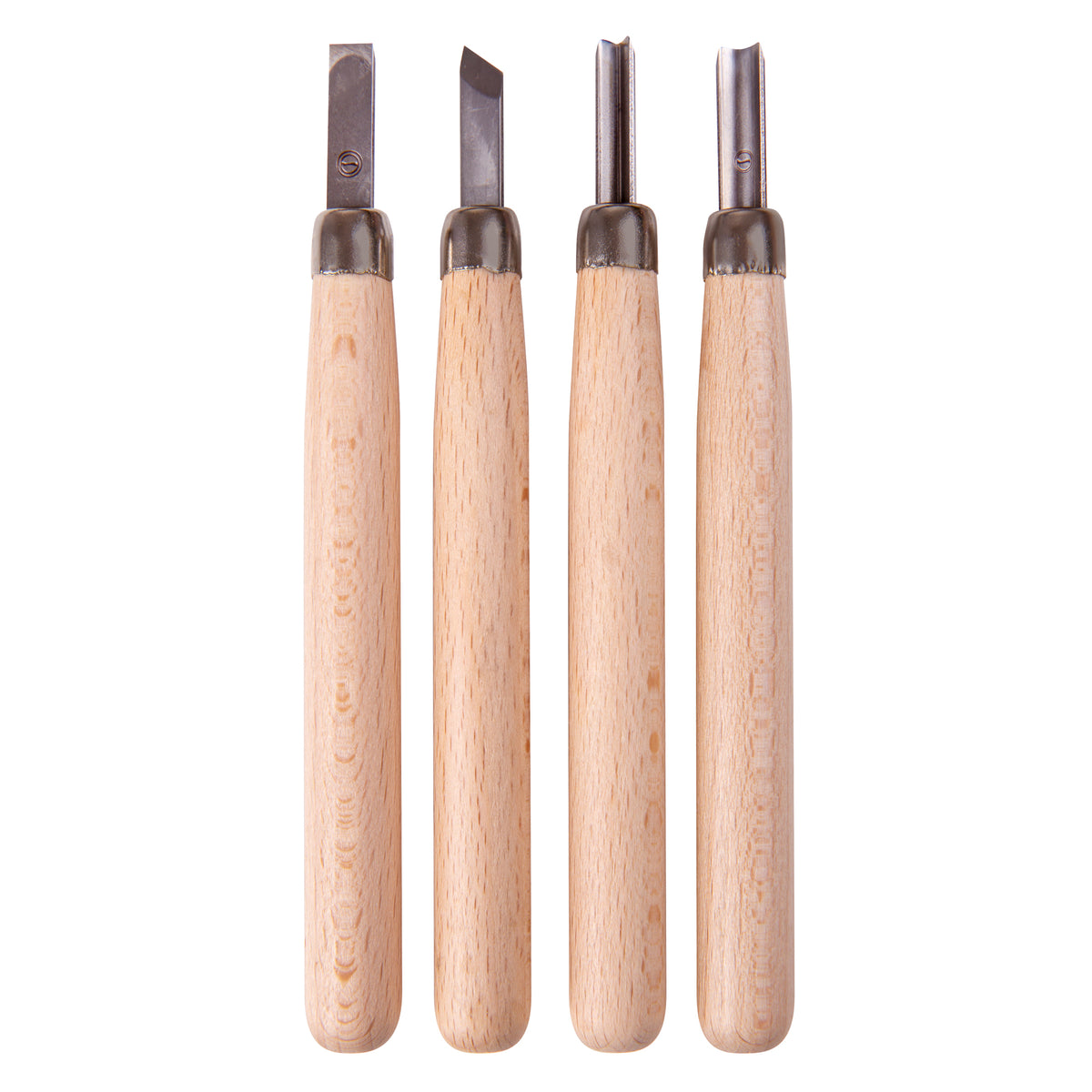 Four Zart carving tools standing upright with pale beechwood handles and dark metal ferrules. Their steel tips vary across the set: a flat square edge, an angled skew blade, a narrow V-profile and a rounded U-shaped gouge, each catching the light.
