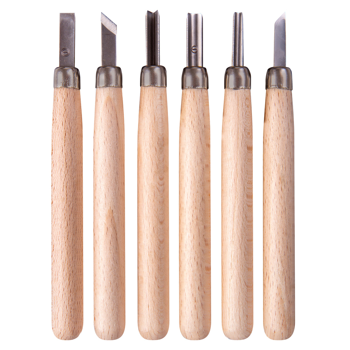 Six Zart carving tools arranged in a row with pale beechwood handles and dark metal ferrules. The steel tips show a range of profiles across the set, including flat chisel edges, angled skew blades, narrow V-shapes and rounded U-gouges, each finished with a fine cutting point.