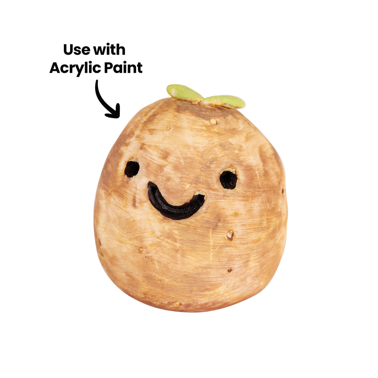 A smiling potato character sculpted from Magiclay Potato Clay, with sprouting green leaves on top and a hand-painted face. The annotation 'Use with Acrylic Paint' points to the figure, showing the recommended paint type for finishing and detailing the dried clay surface.
