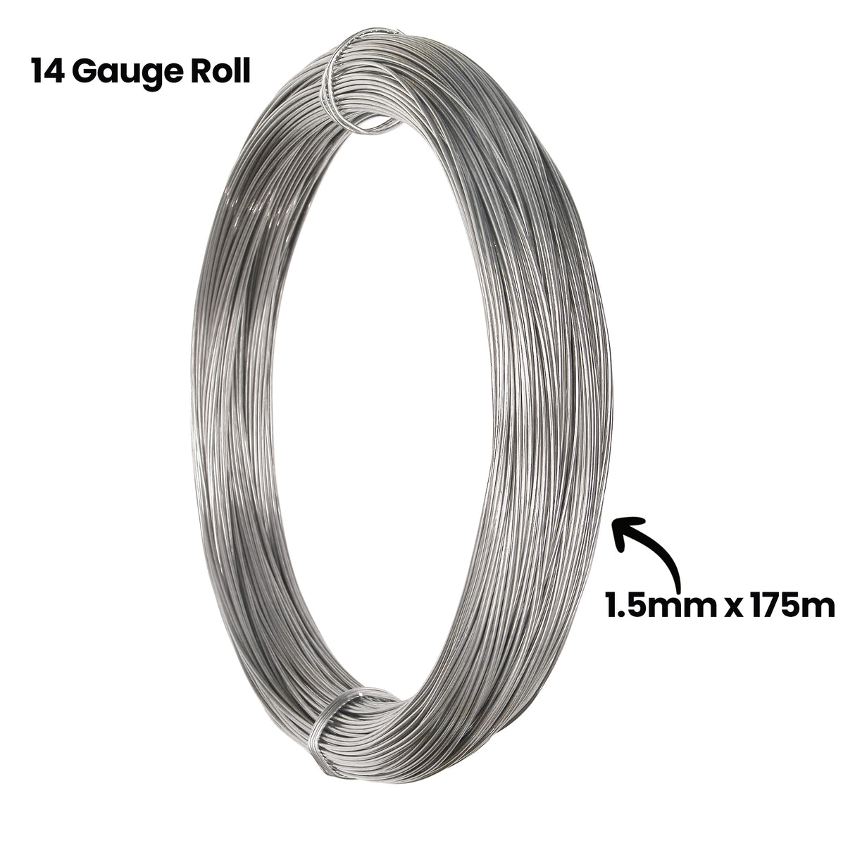 Vertically displayed 14 Gauge Armature Wire roll with on-image text reading 14 Gauge Roll and 1.5mm x 175m. The tightly wound silver coil highlights thickness and length, suitable for large-scale sculptural and modelling projects.