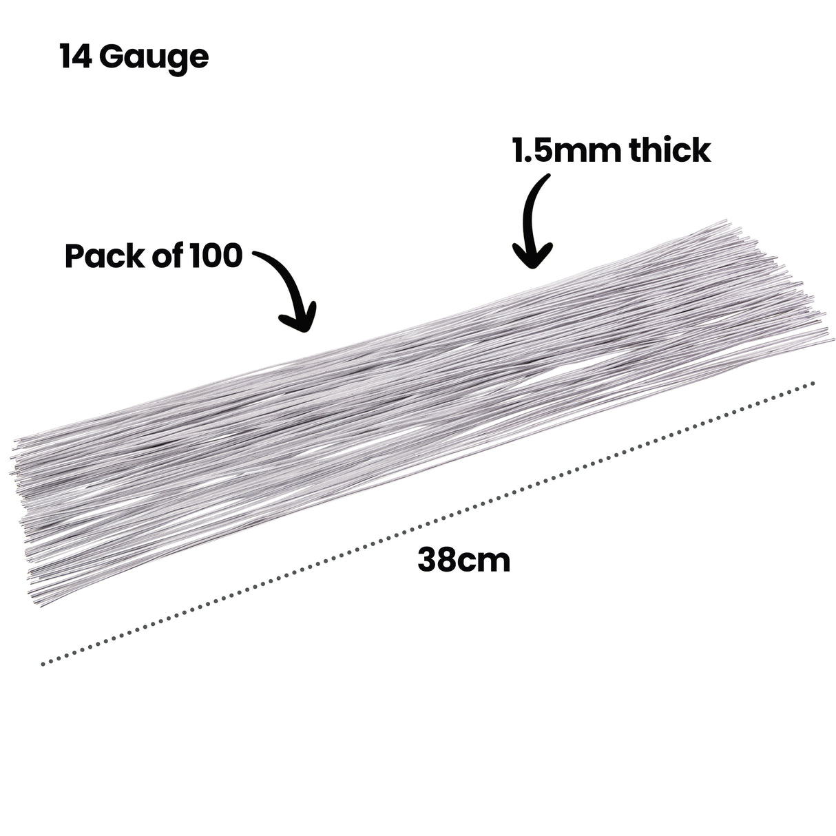 Straight 14 Gauge Armature Wire pieces shown diagonally with on-image text reading 14 Gauge, Pack of 100, 1.5mm thick and 38cm. The silver wires are evenly cut to length for consistent sculptural construction.