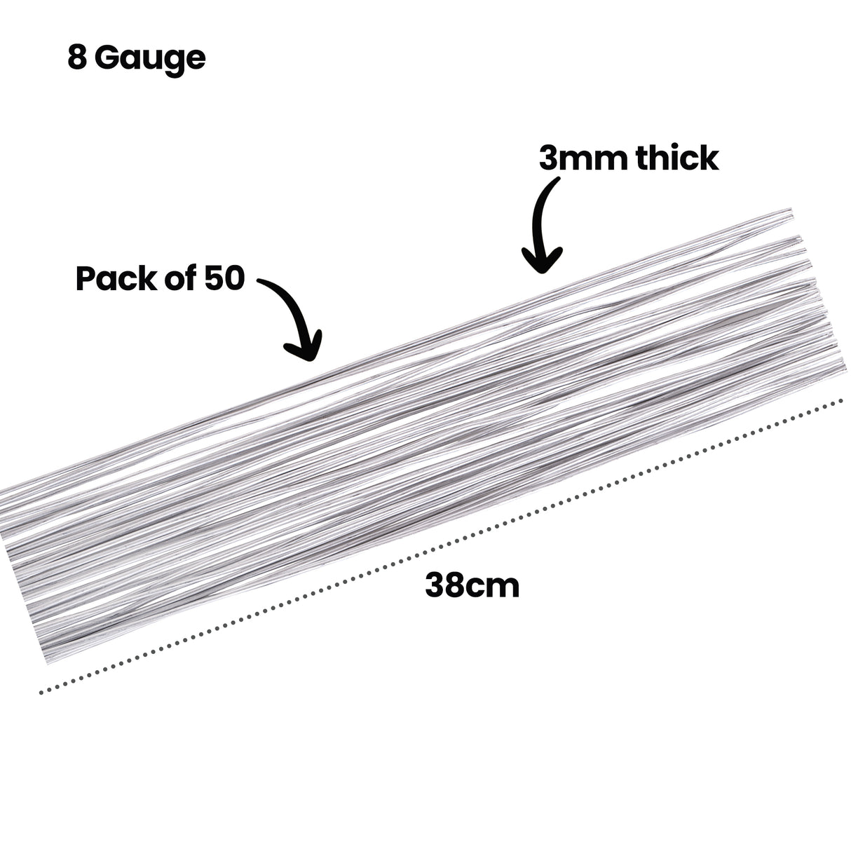 Straight 8 Gauge Armature Wire pieces shown diagonally with on-image text reading 8 Gauge, Pack of 50, 3mm thick and 38cm. The solid silver wires are evenly cut for strong, supportive sculptural frameworks.