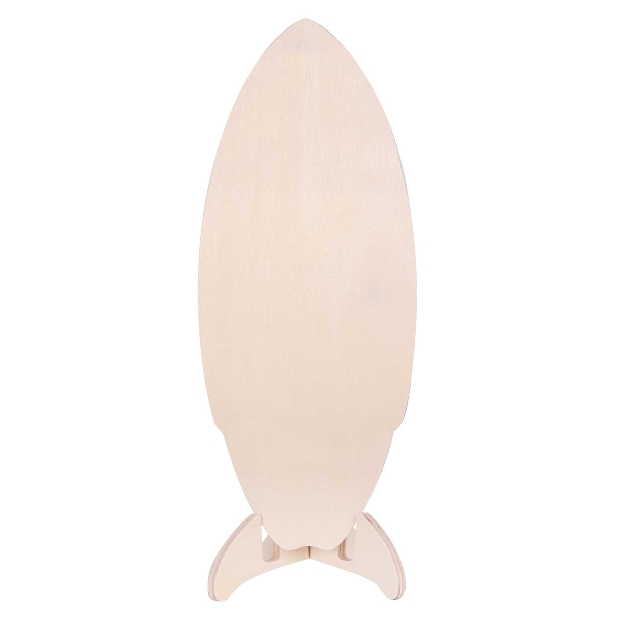 Unpainted smaller surfboard-shaped plywood blank shown upright on a wooden stand against a white background, displaying a smooth timber surface and compact scale.