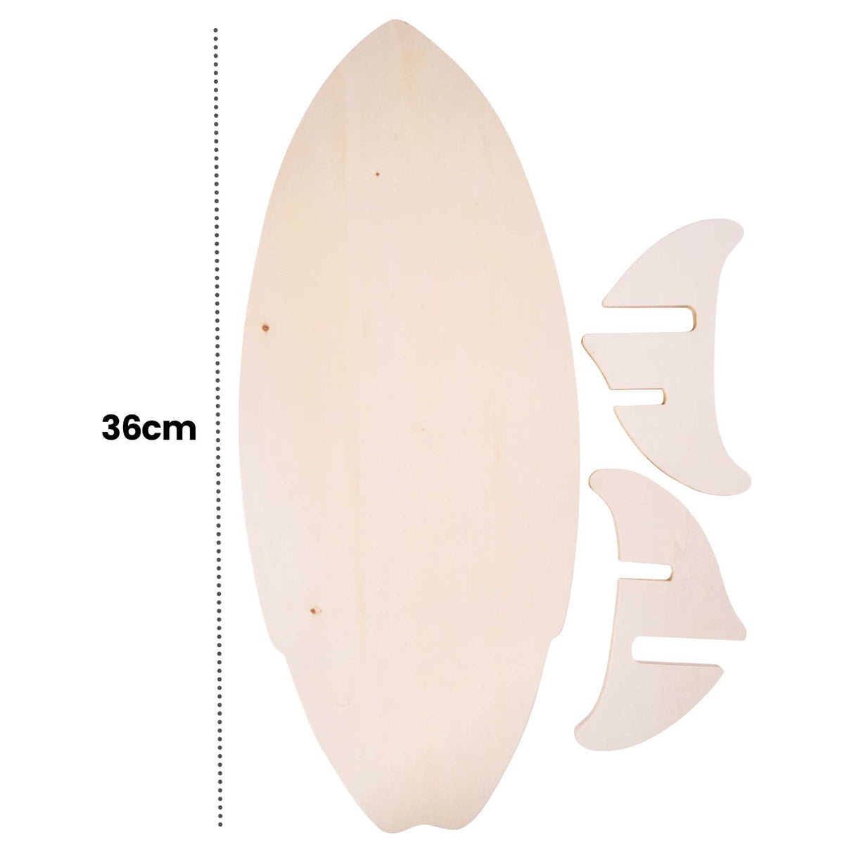 Unpainted smaller surfboard plywood blank shown disassembled. A dotted vertical line with text reads “36cm,” indicating the height of the board, with stand pieces shown to the side.