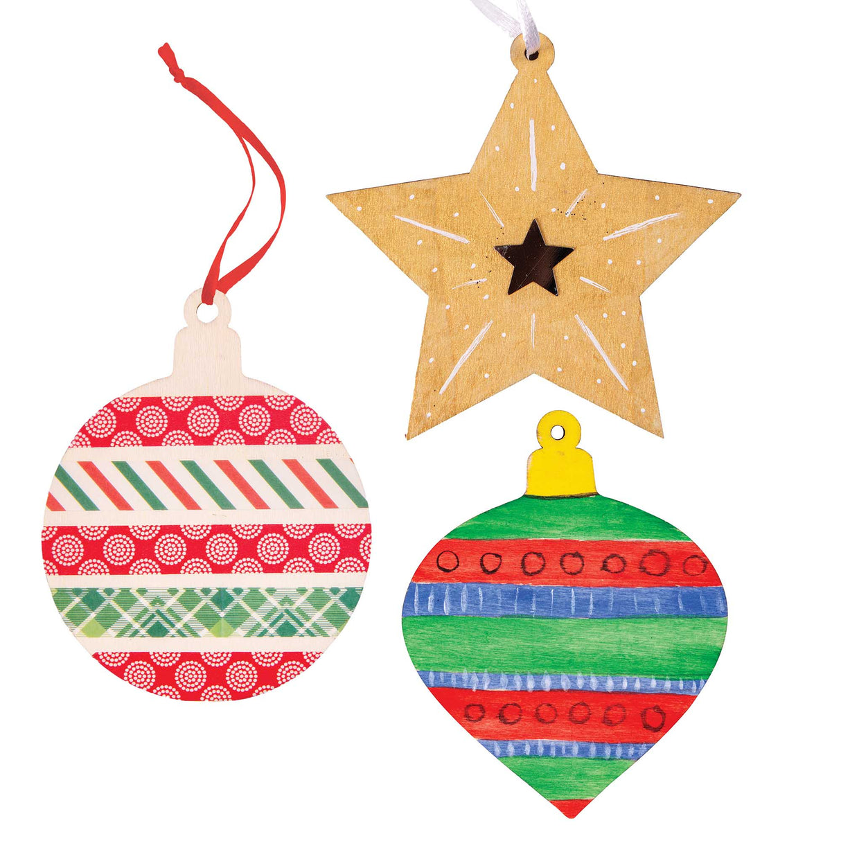 Three Zart DIY Wooden Christmas Ornaments hung on ribbon, decorated as samples: a round bauble covered in red and green patterned washi tape, a gold star with white paint details and a cut-out star window, and a teardrop bauble hand-painted with green, red and blue striped bands.