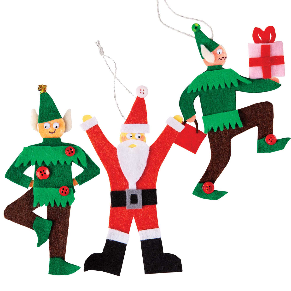 Three Zart Wooden Active Figures dressed as festive characters with felt clothing and joggle eyes: a green-suited elf mid-jump, a red-suited Santa with white beard and raised arms, and a running elf holding a red bag and pink gift box, hung on string.