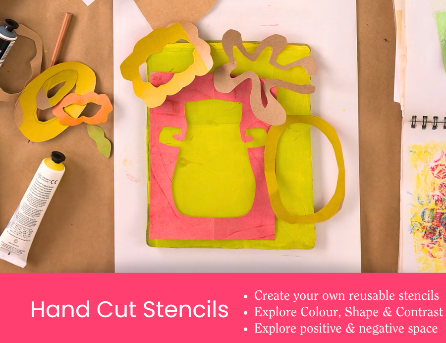 Hand-cut paper stencils arranged over a gel plate print in bold yellow and pink, illustrating positive and negative space techniques explored in the workshop.