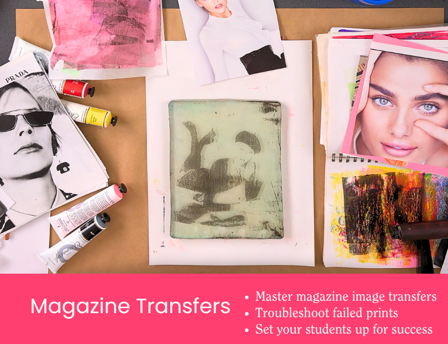 Gel plate printing setup with magazine image transfer in progress, acrylic paint tubes and printed portraits, showcasing image transfer techniques taught in the workshop.