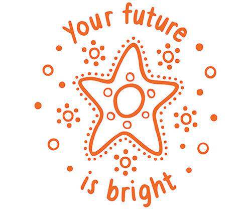 Country Connections Stamps showing a circular design stamped in orange ink featuring a decorative five-pointed star with circular patterns and dots radiating outward. The text "your future" curves along the top and "is bright" along the bottom of the celestial-inspired motif on white background.