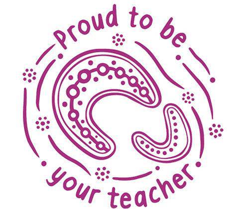 Circular purple stamp design for Country Connections Stamps featuring stylised boomerang motifs with dotted patterns in Indigenous Australian art style. Text reads "proud to be your teacher" arranged in a circle around the decorative boomerang symbols and radiating lines.