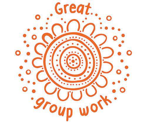 Country Connections Stamps featuring a decorative sun design in orange ink with concentric circles of dots and petal-like borders. The stamp impression shows "Great group work" text arched above and below the central sun motif, creating an encouraging feedback stamp for classroom and educational use.