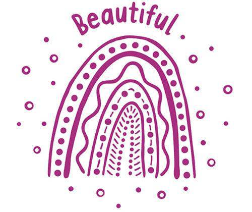 A purple stamped rainbow design featuring multiple layered arches decorated with dots and organic patterns, with the word "Beautiful" hand-lettered above. The Country Connections Stamps create decorative motifs with circles scattered around the rainbow on a white background, showcasing detailed linework and repetitive dot patterns within each curved arch layer.