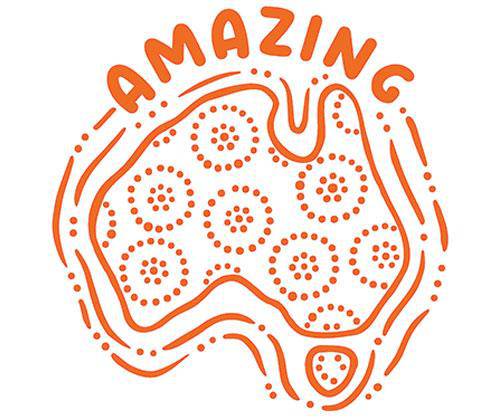 Stylised outline map of Australia created with orange dotted patterns and flowing lines, featuring the word "AMAZING" curved across the top, demonstrating the decorative capabilities of Country Connections Stamps for indigenous-inspired artwork and cultural designs.