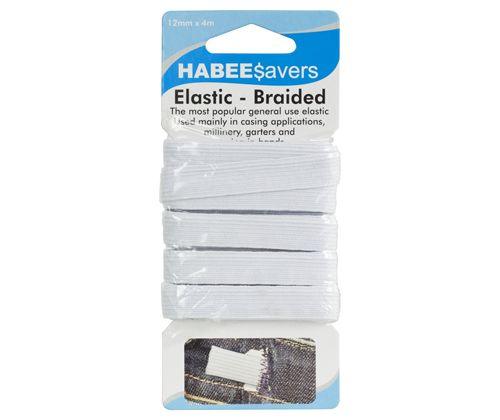 HABEEsavers Elastic Braided packaging displaying white braided elastic wound around a card holder. The 12mm x 4m elastic is shown in four horizontal layers of flat white material. A small demonstration image at the bottom shows the elastic threaded through denim fabric, illustrating its practical application in garments and craft projects.