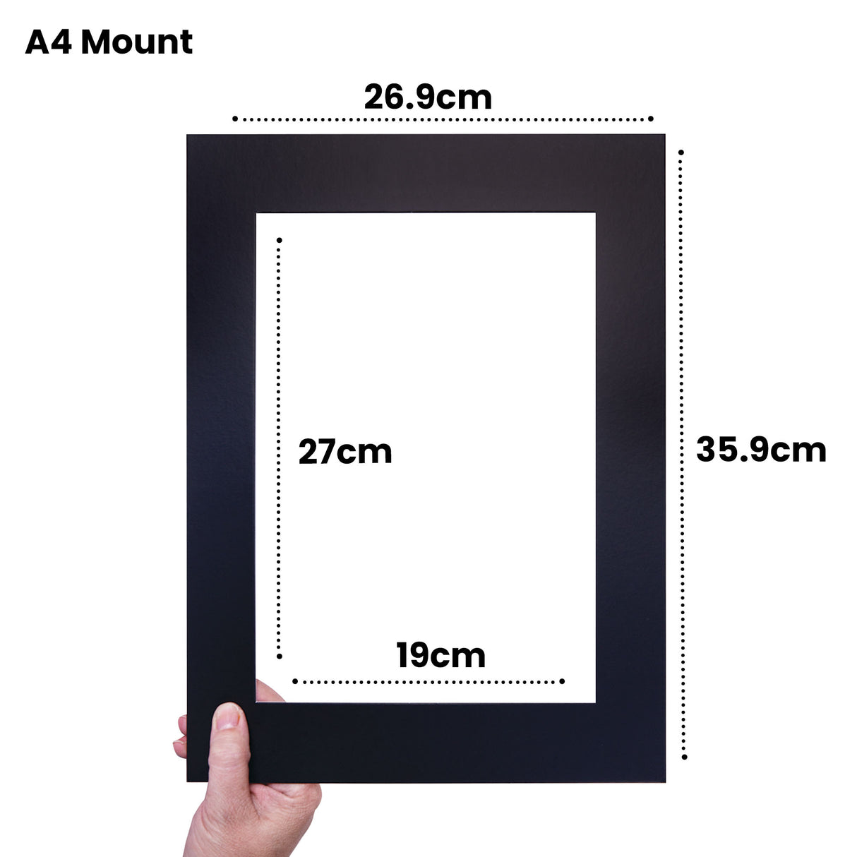 Hand holding a black A4 Mount with white matboard showing central opening. Dimension annotations display 26.9cm width, 35.9cm height, with inner opening measuring 27cm by 19cm. Pre-cut matboard mount features clean bevelled edges suitable for framing and displaying artwork.