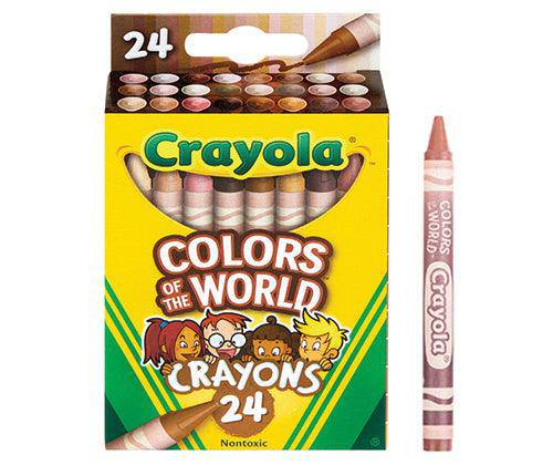 Box of Crayola Colours of the World Crayons displaying 24 diverse skin-tone shades in a window opening, with colourful illustrated characters below. A single terracotta-pink crayon sits beside the box. Bright yellow and green packaging features product name and "Nontoxic" label. Pack includes 24 multicultural crayon colours for inclusive artwork.