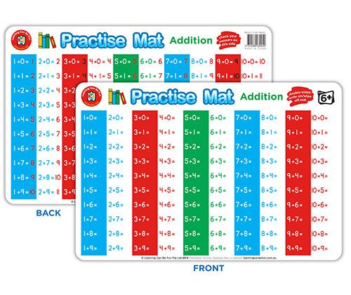 Double-sided laminated Practise Mat showing addition tables in colourful columns. Front displays equations from 2+0 through 10+0 series in blue, red, and green blocks. Back shows 1+0 through 8+0 sequences. Each column features progressive addition problems with answers, designed for mathematical practice and learning.