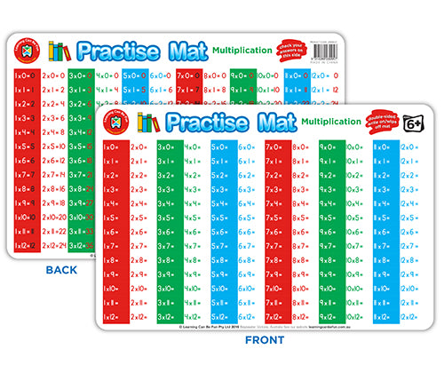 Colourful Practise Mat showing front and back multiplication tables from 0x0 to 12x12. Vertical columns in red, green, blue, and pink display equations and answers. Top features Educational Colours branding and "Multiplication" title with "Wipe Clean Surface" badge. Durable educational reference tool for learning times tables.