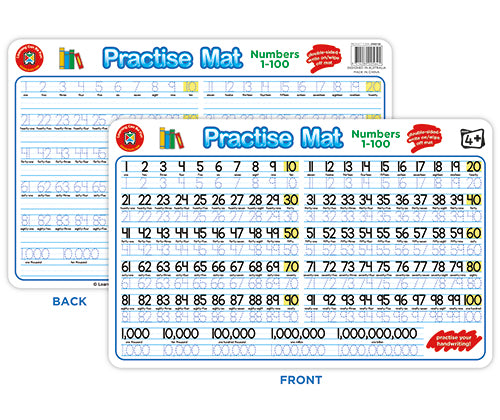 Double-sided laminated Practise Mat showing front and back views. Front displays Numbers 1-100 in rows of 20, with place value examples showing 1,000 up to 1,000,000,000. Back features number writing practice lines with dotted numerals for tracing. Educational maths learning resource with wipeable surface for repeated use.
