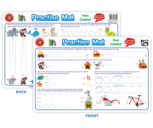 Double-sided Practise Mat showing front and back views with colourful illustrations and dotted line tracing exercises. Features animals, objects, and writing practice activities including "Pen Control" exercises. Mat includes instructional text with guided practice patterns, waves, and shapes to help develop fine motor skills and handwriting coordination.