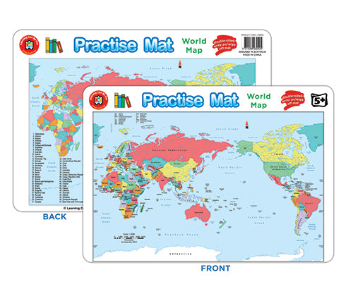 Two double-sided Practise Mat World Map educational mats displayed showing front and back views. The front features a detailed political world map with countries in various colours including pink, yellow, green, and orange against blue oceans. The back shows similar cartography with a country index. Both mats have rounded corners and the Practise Mat branding visible at the top.