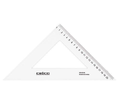 Clear acrylic Celco Set Square 45 and 90 degree 32cm with measured markings along two edges from 1 to 19 centimetres. Triangle-shaped drafting tool displays "MADE IN CHINA" and "320 R 45" text on flat surface against white background.