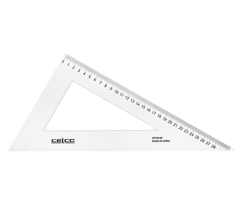 Clear plastic 60-degree set square with centimetre measurements along the hypotenuse from 0 to 28. Celco branding visible on the triangle. The transparent geometry tool shows precise angle markings and is photographed against a white background.