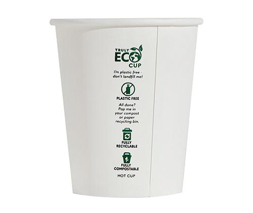 White disposable paper cup with Truly ECO Cup branding and environmental instructions printed in black, including "I'm plastic free don't landfill me!", "CLEAN & DRY All done? Pop me in your curbside or general recycling bin", "WIDELY RECYCLABLE", and "100% COMPOSTABLE HOT CUP" with corresponding icons.