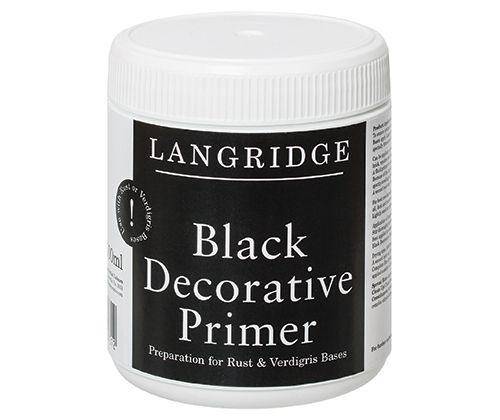 White plastic jar with ribbed screw-top lid containing Langridge Black Decorative Primer. The black label displays white text reading "LANGRIDGE" and "Black Decorative Primer" with "Preparation for Rust & Verdigris Bases" underneath. The 500mL container features product information on the side panel.