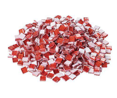 Large pile of small square mosaic tiles in vibrant red and pink shades with glittery, translucent glass finish. The Glitter Glass Mini Mosaic Tiles display varying tones from deep scarlet to soft coral, with sparkling surfaces that catch the light.