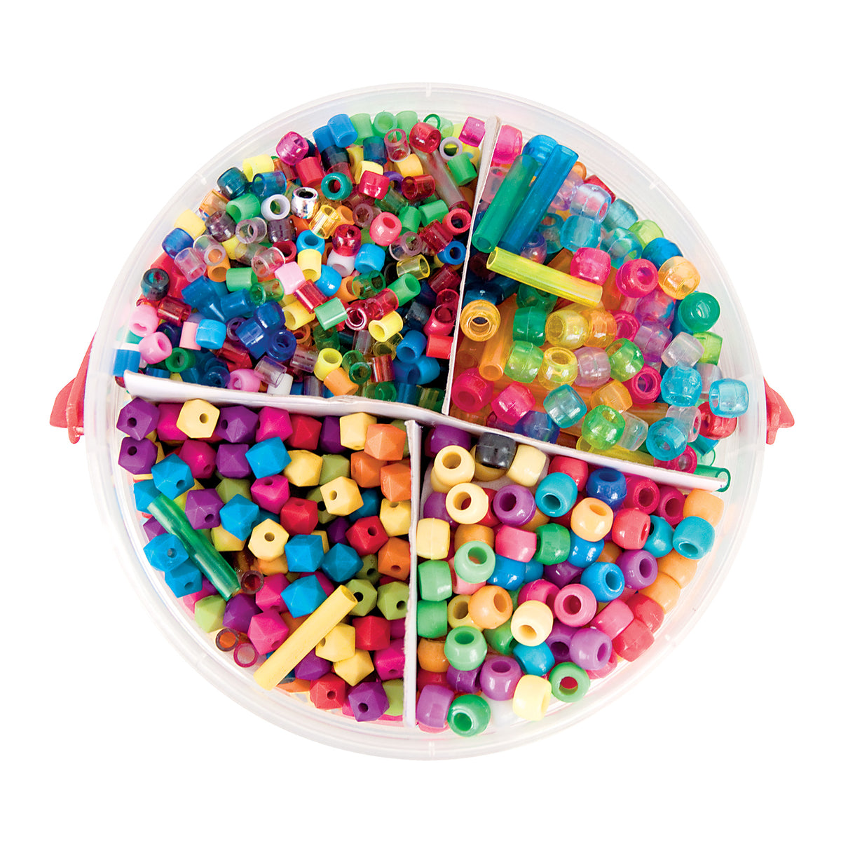 Zart Basics plastic beads viewed from above in a round tub divided into four wedge-shaped compartments. Each section holds a different assortment — translucent and opaque pony beads, faceted cube beads, and short tube beads — in a bright mix of pink, blue, green, yellow, purple and orange.