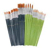 A full assortment of synthetic paint brushes arranged in a wide fan shape on a white background. The brushes include flat and round tips in assorted sizes, with dark blue and light green handles and silver ferrules. Gold size numbers are printed on the handles.