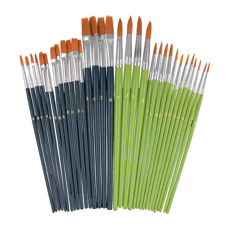 A full assortment of synthetic paint brushes arranged in a wide fan shape on a white background. The brushes include flat and round tips in assorted sizes, with dark blue and light green handles and silver ferrules. Gold size numbers are printed on the handles.