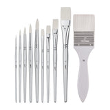 Set of white synthetic paint brushes in assorted sizes, including round and flat tips plus a wide flat wash brush, displayed upright on a white background to show brush shapes, ferrules and handle sizing.