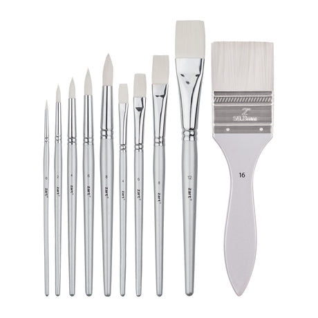 Set of white synthetic paint brushes in assorted sizes, including round and flat tips plus a wide flat wash brush, displayed upright on a white background to show brush shapes, ferrules and handle sizing.