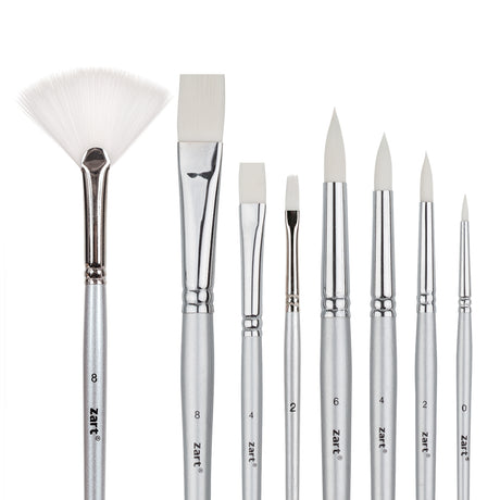 A set of assorted Zart paint brushes displayed upright on a white background, including a fan brush, flat brushes, and round brushes in multiple sizes. Silver handles with printed size numbers such as 8, 6, 4, 2, and 0 and Zart branding are visible.