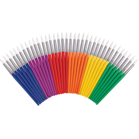 Fan arrangement of Zart size 6 round Taklon paint brushes with white bristles and silver ferrules. Handles are grouped by colour in blue, purple, red, orange, yellow and green on a white background.