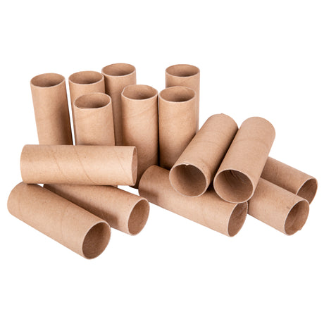 A group of natural brown papier-mache tubes is arranged on a pale background, showing the hollow cylindrical shape and smooth kraft paper surface. The lightweight cardboard tubes are suitable for construction projects, sculpture, STEM activities and mixed media classroom crafts.
