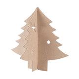 Zart Papier-mache 3D Interlocking Christmas Tree in its unpainted, natural kraft brown state. The design uses two slotted pieces that interlock to form a freestanding 3D shape, featuring a cut-out star, two circular holes, and jagged pine-like branch edges, ready for decorating.
