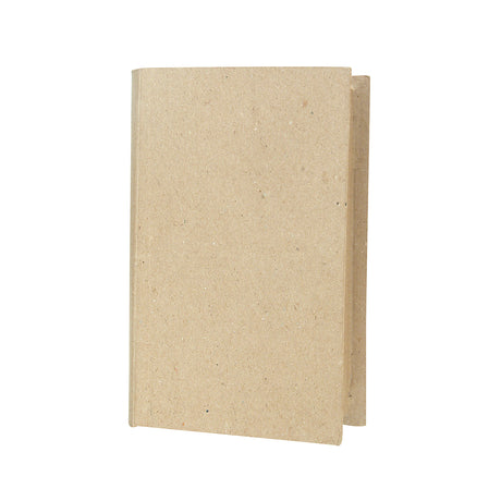 An unpainted Zart Papier-mache Book box in natural kraft brown, shown closed at an angle to reveal its book-like spine and rectangular cover shape. The surface has a plain, slightly speckled texture with visible seams along the spine, ready for painting or decorating.