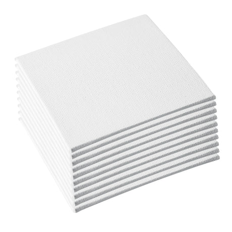 A stacked pile of small square white canvas boards is shown at an angle, revealing evenly layered edges. The surfaces display a fine woven cotton texture, with clean, crisp corners and a smooth, matte primed finish across each board.